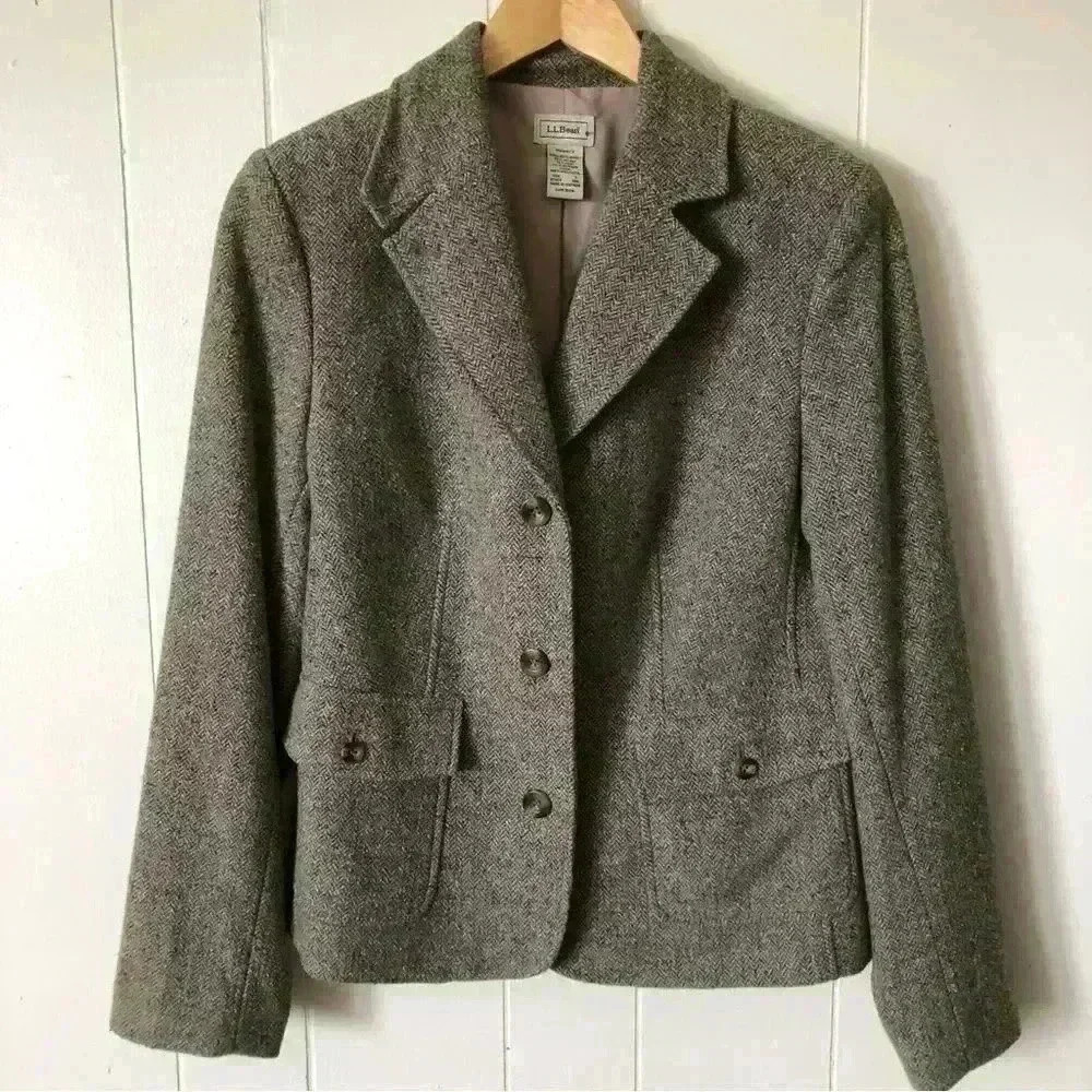 L.L.Bean Herringbone Wool / Silk Blend Blazer Jacket Size S